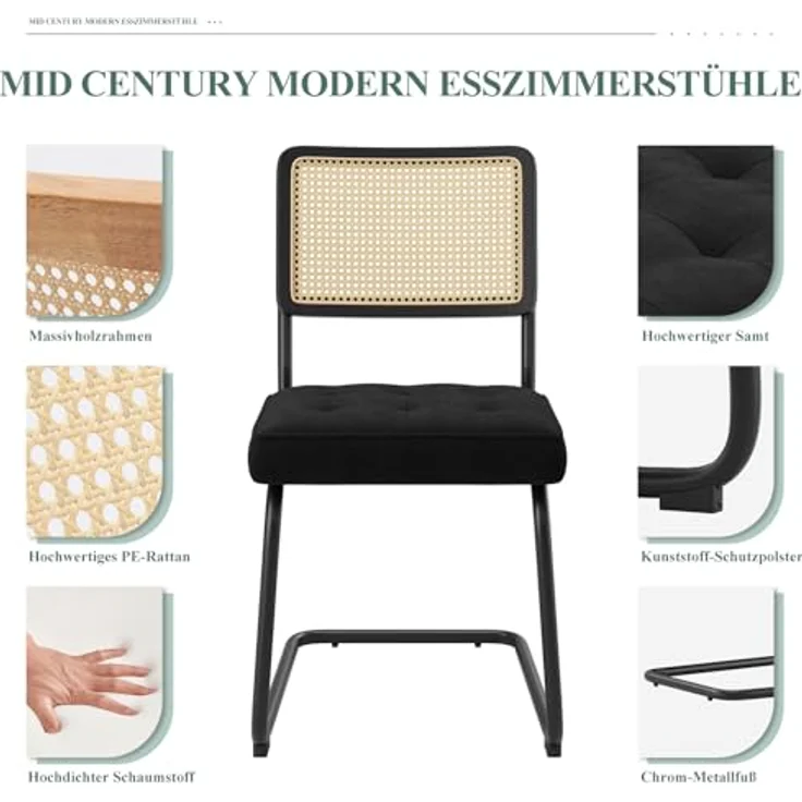 COLAMY Rattan Esstischstühle 4er Set, Samtbezug mit Metallgestell, Schwarz – Bild 4