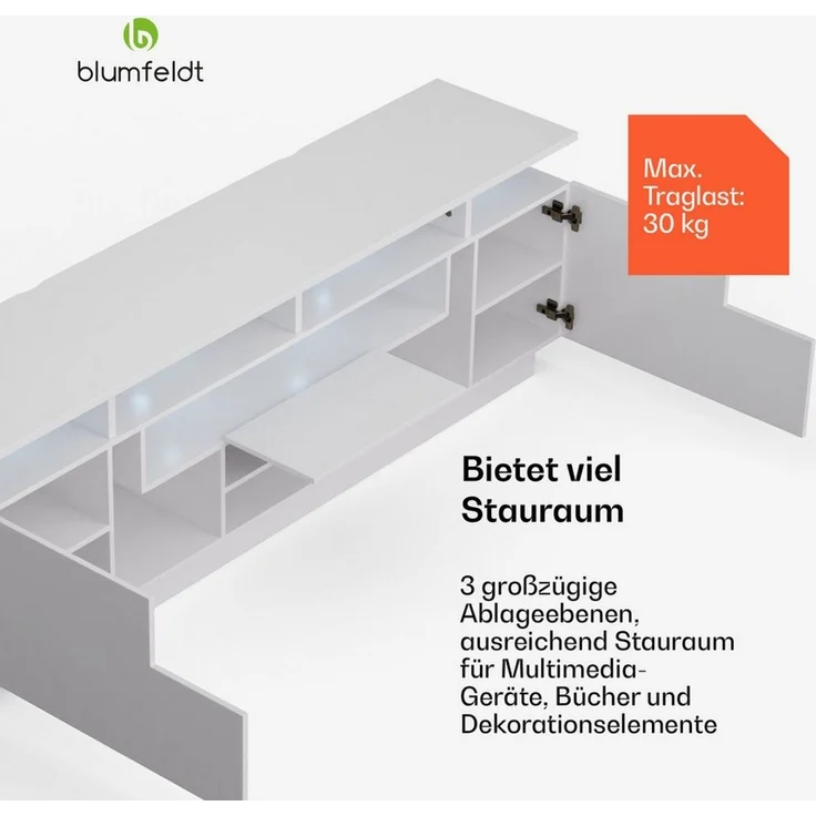 blumfeldt Lowboard Perth Lowboard Fernsehschrank 150 x 35 x 50 cm, LED (Set, Set), Fernsehschrank weiß TV-Schrank 3 Schubladen 150 x 35 x 50 cm (BxHxT) – Bild 3