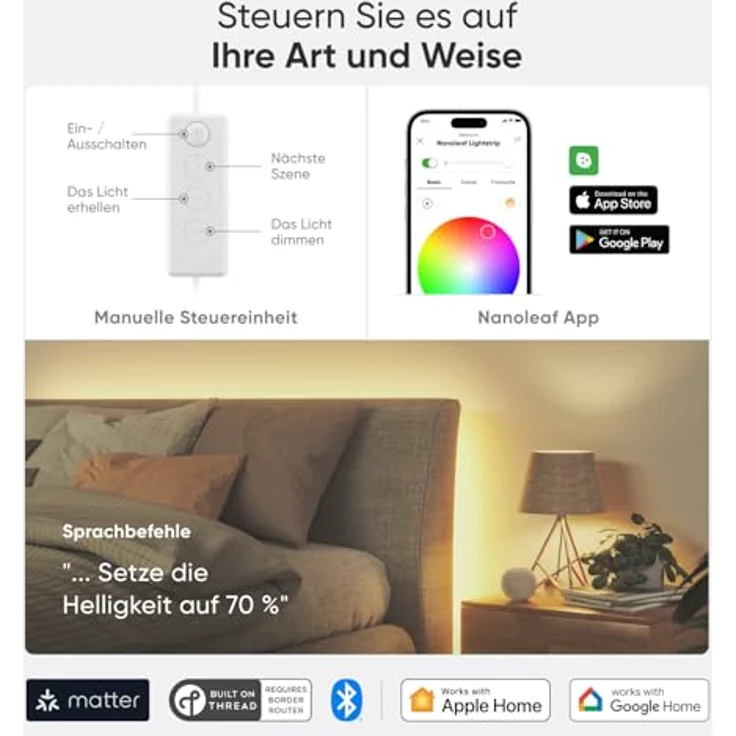 Nanoleaf Essentials Lightstrip Erweiterung, 2M Smart RGBW LED Strip - Thread & Bluetooth, 16 Mio. Farben, Musik & Bildschirm Sync, kompatibel mit Google Home & Apple – Bild 4