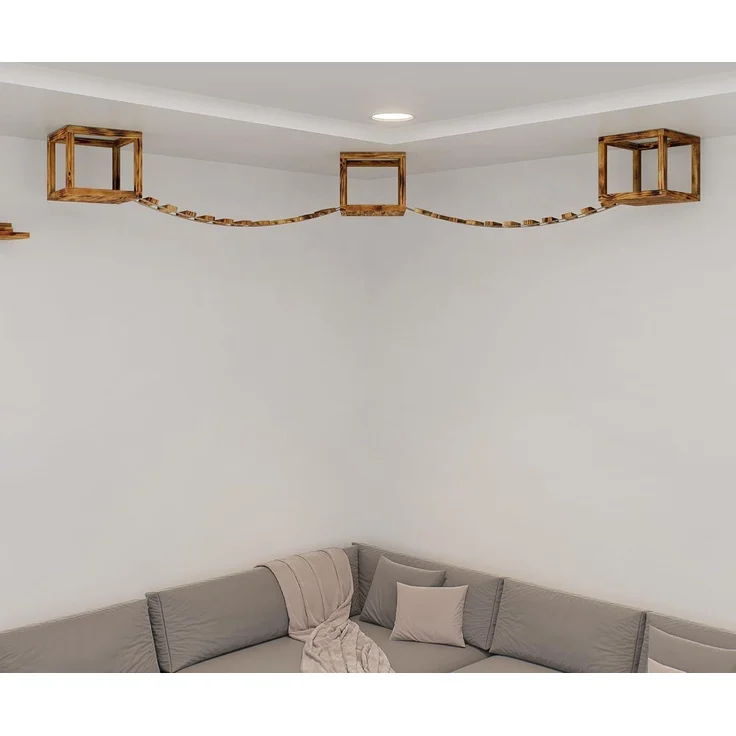 QLS Katzen-Kletterwand Deckenmontage Geflammt mit 2 Brücken und 3 Liegen, aus Kiefernholz für Spaß und Entspannung 5-tlg. – Bild 5