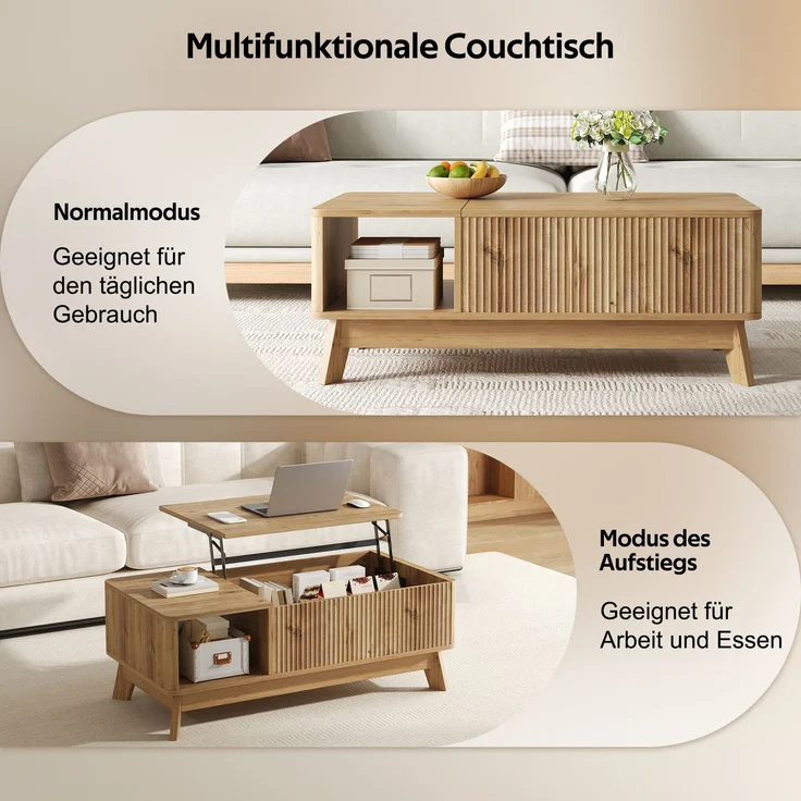 Merax Couchtisch mit Hubfunktion, Wellenoptik, offenes Seitenfach, MDF-Material, Moderner Stil, Natur – Bild 7