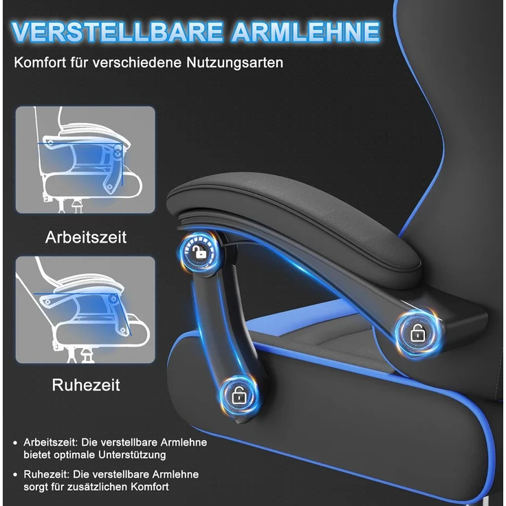 Devoko Gaming Stuhl mit Massagefunktion, Bürostuhl Ergonomisch mit Verstellbarer Ruckenlehne (90-135), Schreibtischstuhl mit Bewegliche Armlehne, max 150kg, Blau – Bild 7