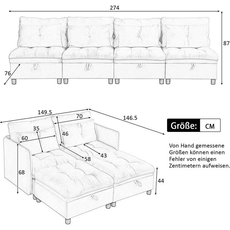 Schlafsofa mit 4 unabhängige Module, als 4-Sitzer, 2 Zweisitzer oder Schlafsofa nutzbar, Wolken-Sitzkomfort, Beige – Bild 10