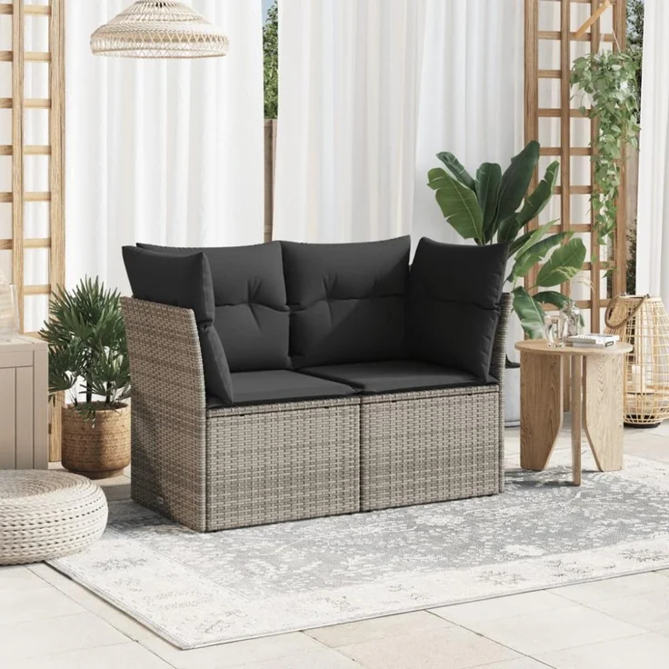 vidaXL Gartensofa 2-Sitzer mit Kissen Grau Poly Rattan 366137 – Bild 2