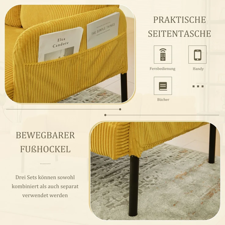 LVHOM 3-Sitzer Sofa mit Metallsockel, Polstersofa mit Seitentaschen, Loungesofa aus Cordstoff, Ergonomisches Stoffsofa, 171x72x80cm – Bild 5