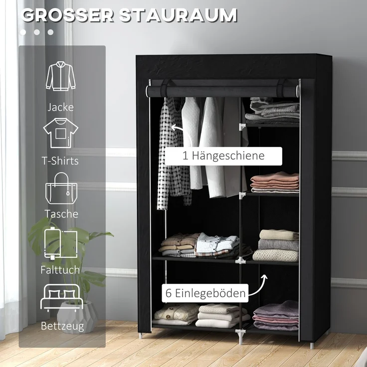 Stoffkleiderschrank 6 Fächer Vliesoptik Faltgarderobe Schwarz 103x43x162,5cm--Schwarz--103x43x162.5cm--YOUDENOVA – Bild 4