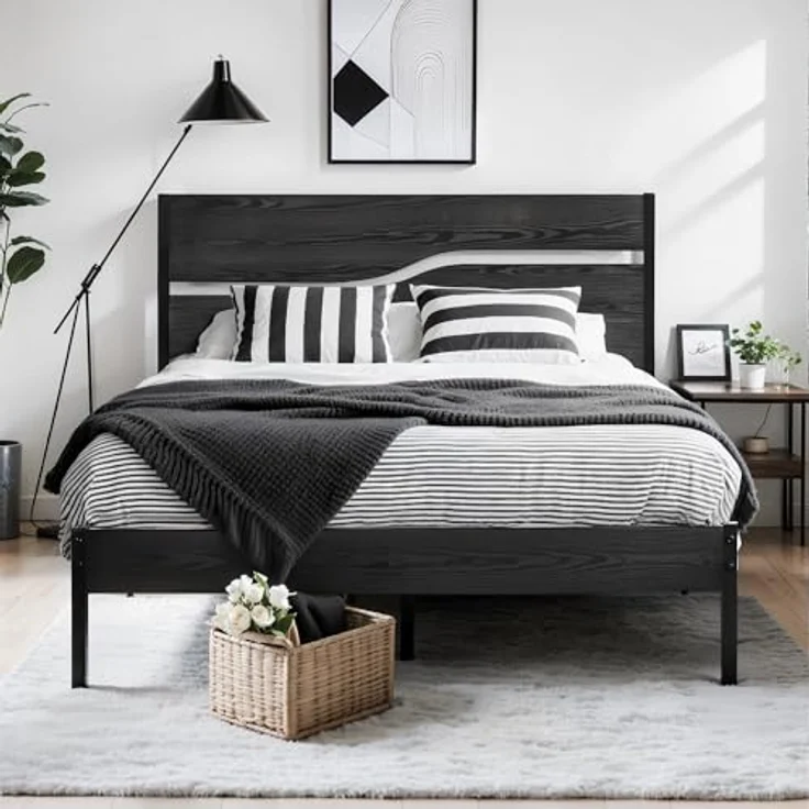 VECELO Bettgestell 140x200 cm, Metallbett mit Doppelschicht Holzkopfteil und Lattenrost, Modern Gästebett Jugendbett mit Stauraum Unter Dem Bett, Perfekt für Schlafzimmer, Schwarz – Bild 2