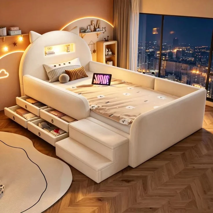 LVHOM Kinderbett 90x200cm mit Rausfallschutz, Polsterbett mit Nachtlicht, USB, Schubladen und Stufenbank, Samt, Beige – Bild 2