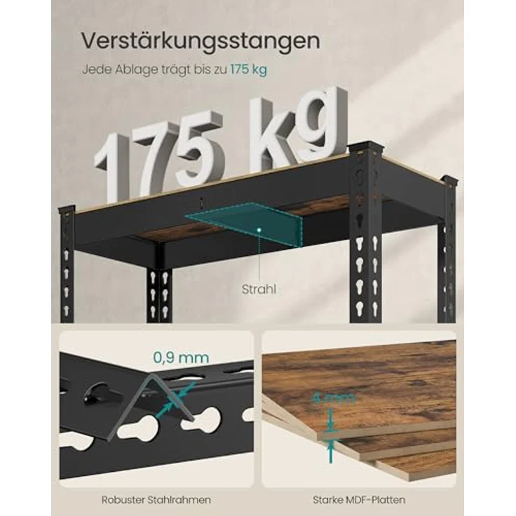 SONGMICS Schnelle Montage, Schwerlastregal 2er Set, Standregal, Lagerregal, Küchenregal, Regal, 5 Ablagen, 30 x 75 x 150 cm, bis 875 kg belastbar, für Keller, Küche, Arbeitszimmer, vintagebraun – Bild 6