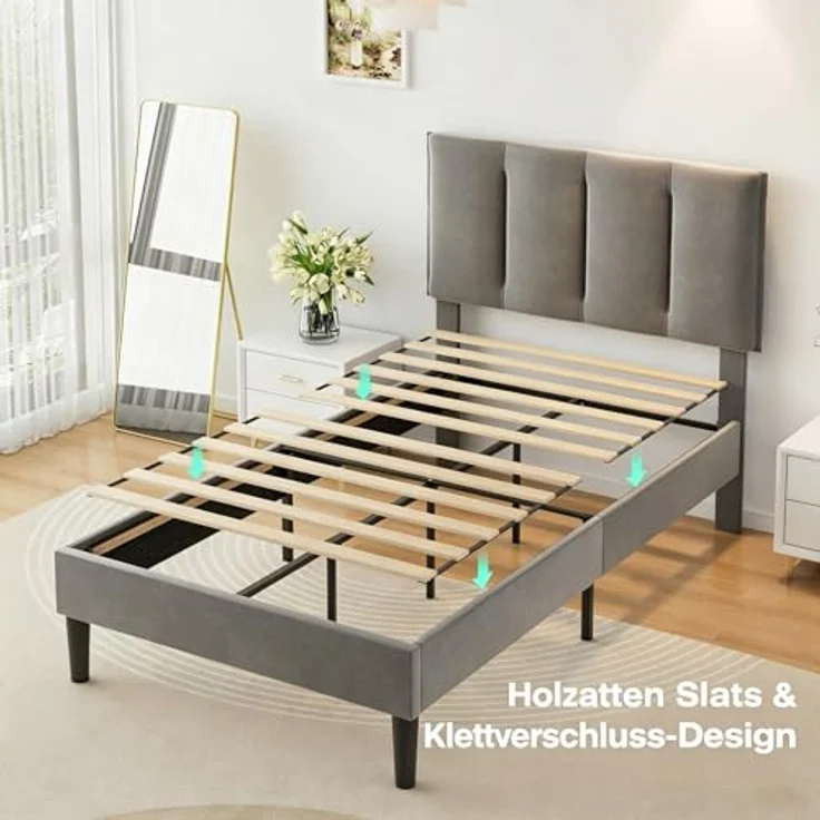 VECELO 2er-Set Polsterbett 90x200 cm, Einzelbett mit Samt-Kopfteil und Lattenrost, hautfreundlich, aus legiertem Stahl, ohne Matratze, Grau – Bild 7