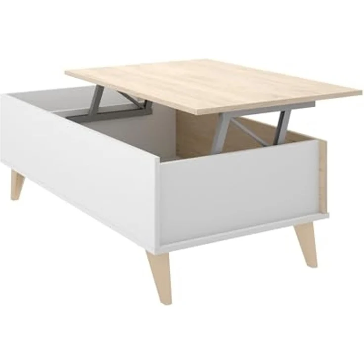 Dmora - Cuna Couchtisch, Wohnzimmer-Zeitungsständer mit Ablagefach, niedriger hochklappbarer Couchtisch, 99 x 60 x 41 cm, Eiche und Weiß – Bild 7