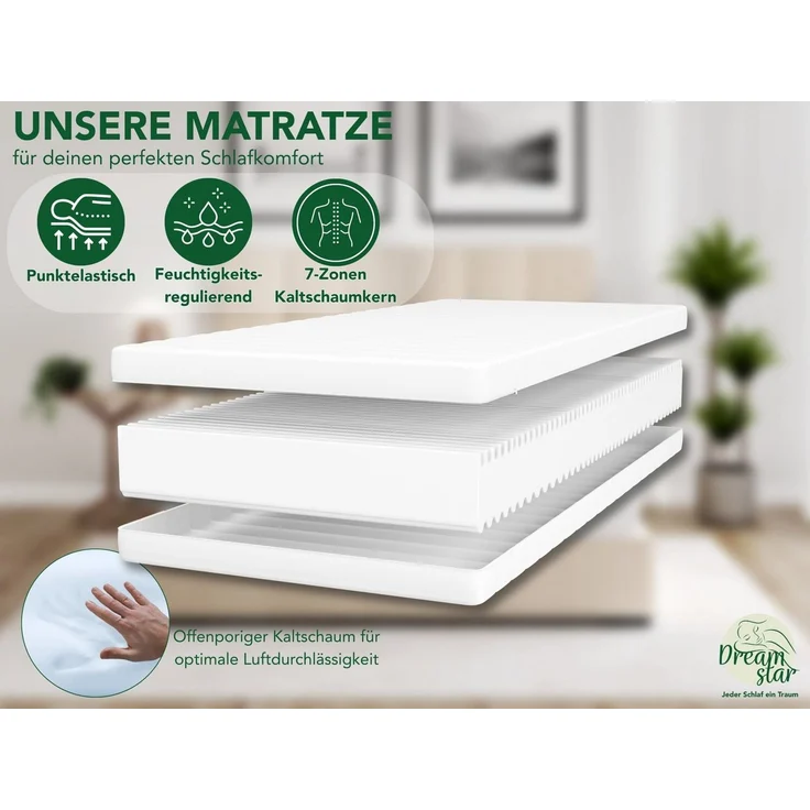 DREAMSTAR Simple Flex Duo 7-Zonen Matratze 80x200 cm | H2&H3 | Ergonomische Kaltschaummatratze | Hypoallergen & Antibakteriell | Bezug abnehmbar & waschbar | Öko-TEX® | (21cm, 80x200 cm) – Bild 2
