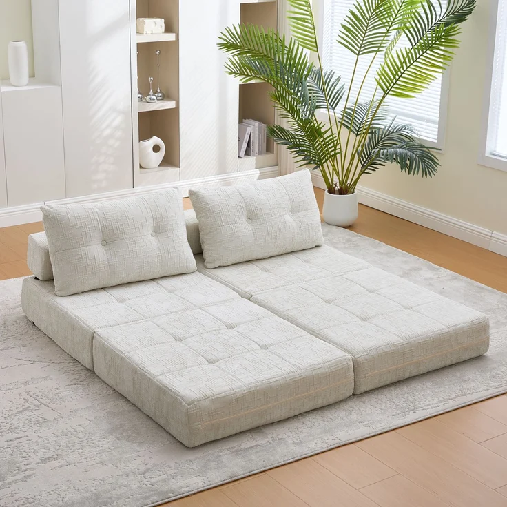 Klappsofa Bett mit Kopf- & Lendenkissen, multifunktionales Schlafsofa, 2-in-1 Faltsofa mit hochdichtem Schaumstoff,Beige – Bild 3