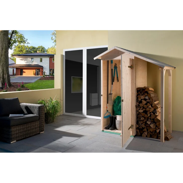Weka Terrassenschrank 14 mm Größe 1, naturbelassen mit Schleppdach, B 142 cm x T 85 cm, Satteldach und Massivholzboden