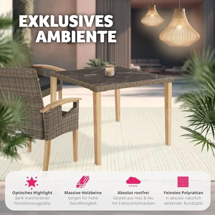 tectake Rattantisch Tarent, quadratisch, marmorierte Feinsteinzeugplatte, 93.5x75x93.5 cm, Aluminiumgestell, UV-beständiges Polyrattan – Bild 5