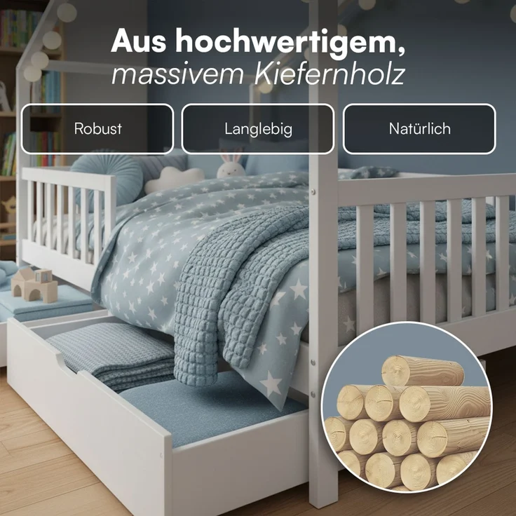 Bellabino 'Bia' Hausbett 140x200 cm mit 2 Schubladen, weiß, Kiefer Massivholz, Montessori Kinderbett mit Stauraum, inkl. Rausfallschutz und Lattenrost – Bild 5