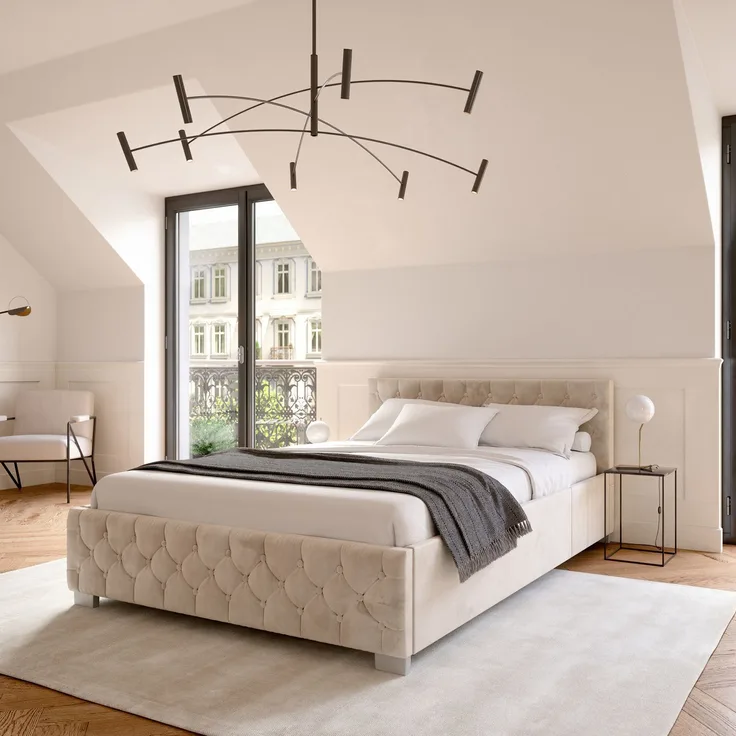Juskys 'Nizza' Polsterbett mit Lattenrost, Bettkasten & LED Beleuchtung, Chesterfield-Steppung, Samtbezug, Beige, 120x200 cm, ohne Matratze