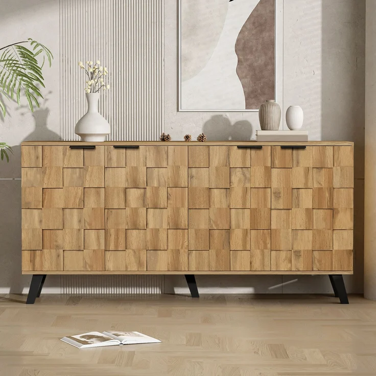Sideboard Holzoptik 160 cm, moderner Aufbewahrungsschrank mit 4 Türen, Einlegeböden & schwarzen Griffen – Bild 2