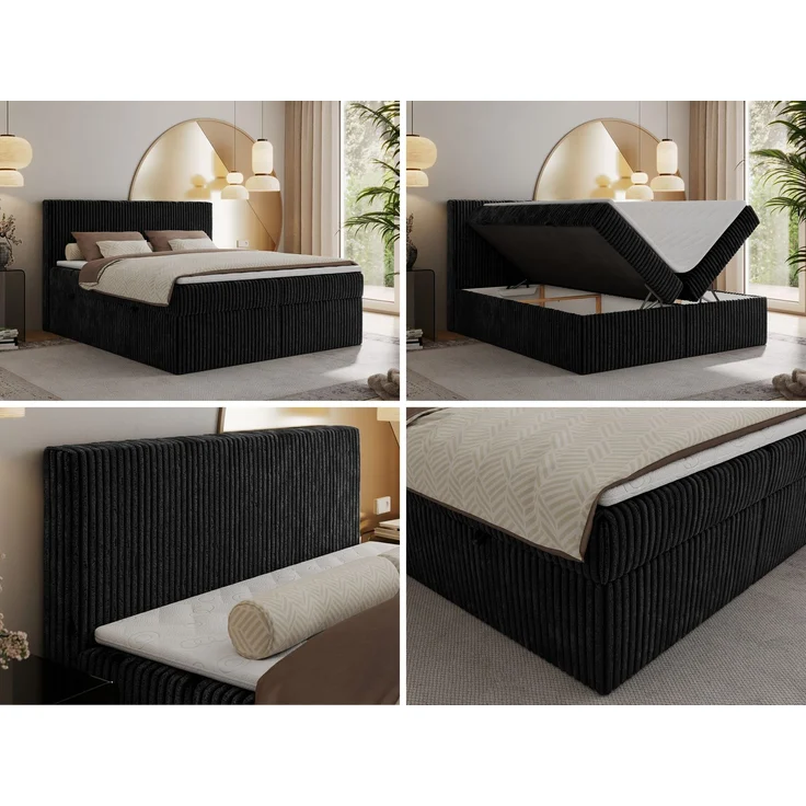 Boxspringbett mit Kopfteil und Topper Visco, Cord Bett - TILIANO - 160 x 200 cm - Schwarz Cord - H4 – Bild 2
