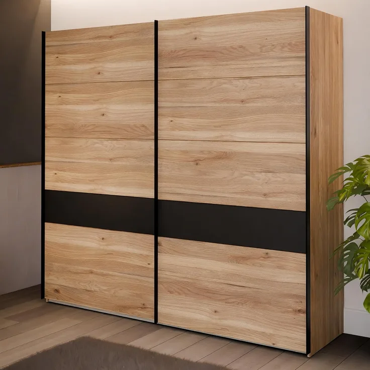 Forte BADERNA Kleiderschrank 220, 2-türiger Schwebetürenschrank mit Einlegeböden und Kleiderstange, Holzwerkstoff, Mauvella Eiche Dekor/Schwarz, 220,1 cm breit, 210,5 cm hoch, 61,2 cm tief