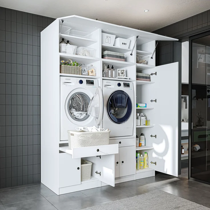 Roomart Schrankwand für Waschküche & Hauswirtschaftsraum – SERIE 1 – 179 cm breit – mit Ausziehbrett – Waschmaschinenschrank & Stauraumlösung • Weiß – Bild 2