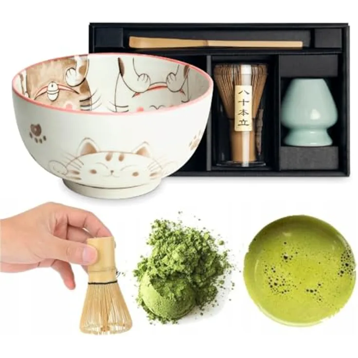 WestCraft Teeservice Matcha Set 4 tlg. Original japanische Matcha Schale mit Besen & Löffel (4-tlg), Bamboo, handgefertigt für eine authentische japanische Matcha & Tee-Zeremonie