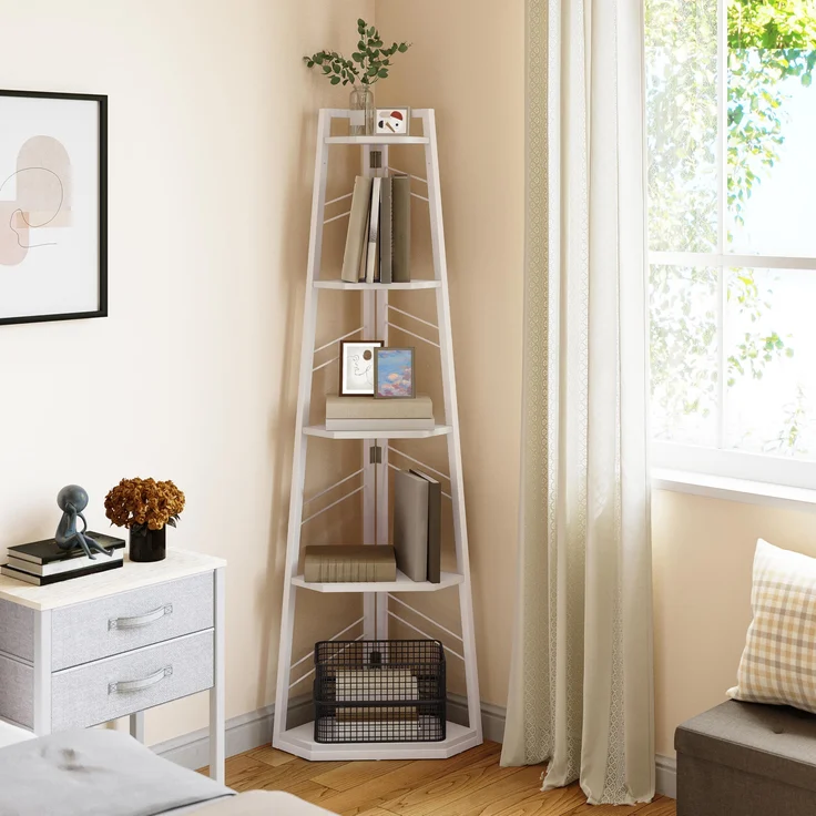 YITAHOME Eckregal, 5-stöckiges Leiterregal, Industrielles Bücherregal, Bodenstehendes Regal, Offenes Standregal aus Holz, für Wohnzimmer, Flur, Schlafzimmer, Home-Office, Reines Weiß Lagerregal