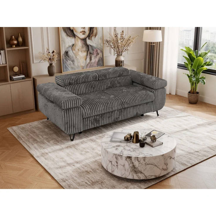 2-Sitzer Polstercouch PETER mit verstellbaren Armlehnen und Kopfstütze, Gepolsterte Couch, Wellenfeder - Dunkelgrau Cord – Bild 5