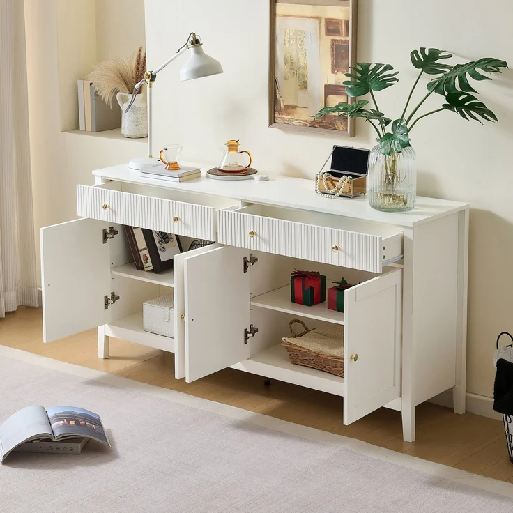 DESVIAE Sideboard mit 2 Schubladen und 4 Türen 160x82x40 cm aus MDF Weiß – Bild 4