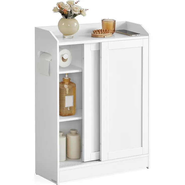 Vasagle Badezimmerschrank, Badschrank platzsparend, Toilettenrollenhalter, Toilettenbürstenhalter, Schiebetüren, verstellbare Einlegeböden, neben der Toilette, 20 x 60 x 80 cm, wolkenweiß BBC752W01