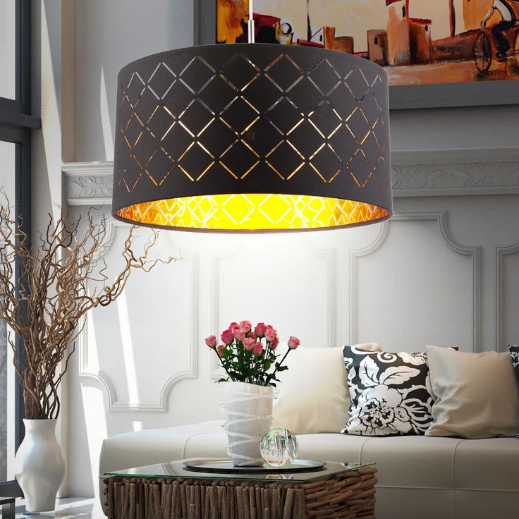 Hängeleuchte, Metall Textilschirm, schwarz gold, H 140cm – Bild 5