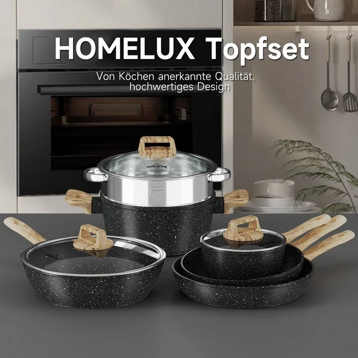 HOMELUX Topf-Set Kochgeschirr-Set, 12tlg Induktions Töpfe Set, Antihaftbeschichtung, Aluminium, Edelstahl (Pfanne 24/28cm, Tiefe Bratpfanne 28cm, Topf mit Dampfgarer 24cm, Milchtopf 16cm), Induktion – Bild 3