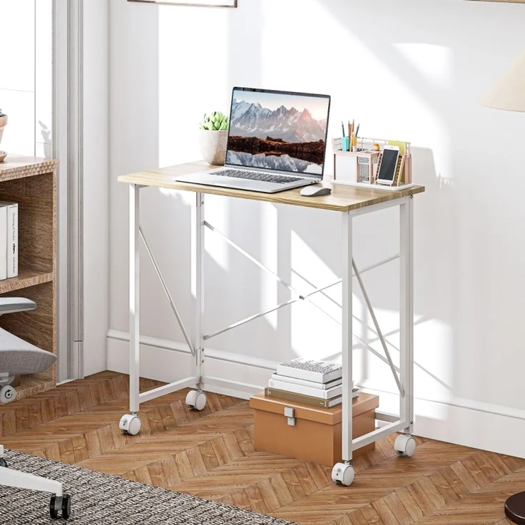 Klappbarer Schreibtisch mit Rädern, platzsparend, Stahl, MDF, Natur--Naturholz--80x40x75cm--YOUDENOVA – Bild 2
