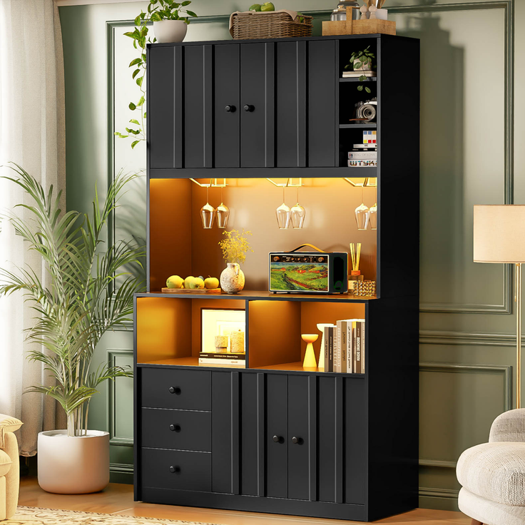 180 cm Küchenschrank, Hochschrank mit LED, Küchenregal mit Steckdose, Weinregal und Vitrine für Küche & Esszimmer--Schwarz--100x40x180cm--YOUDENOVA