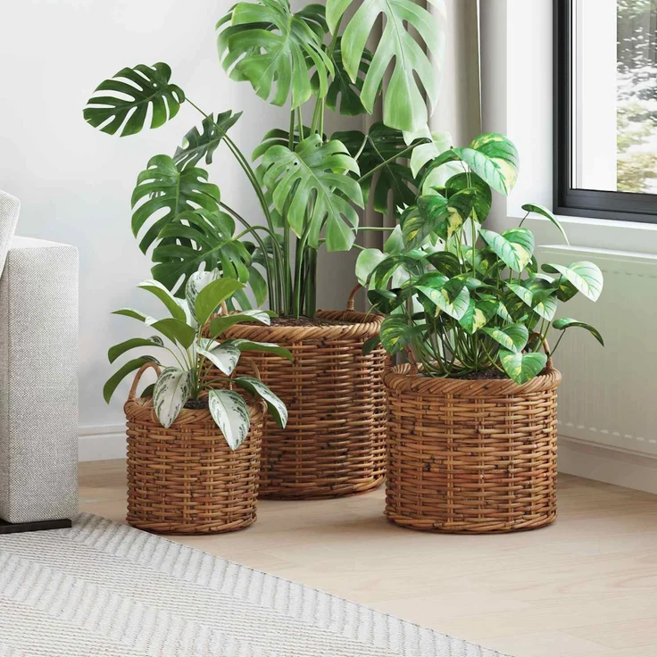 vidaXL Blumentopfkorb mit Speicher GENDT 3 stk. Naturbraun Kubu Rattan 42020956 – Bild 1