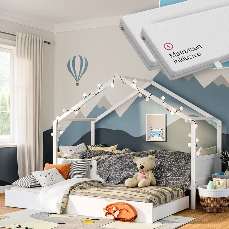 Bellabino 'Bela' Hausbett 90x200 cm mit Gästebett 90x190 cm und 2 Matratzen, weiß, Kiefer Massivholz, Montessori Kinderbett mit Ausziehbett, inkl. Rausfallschutz und Lattenrost – Bild 1