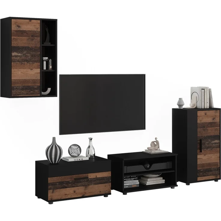 Wohnwand Berno Schwarz/Oldstyle 4-teiliges Set Vicco – Bild 5