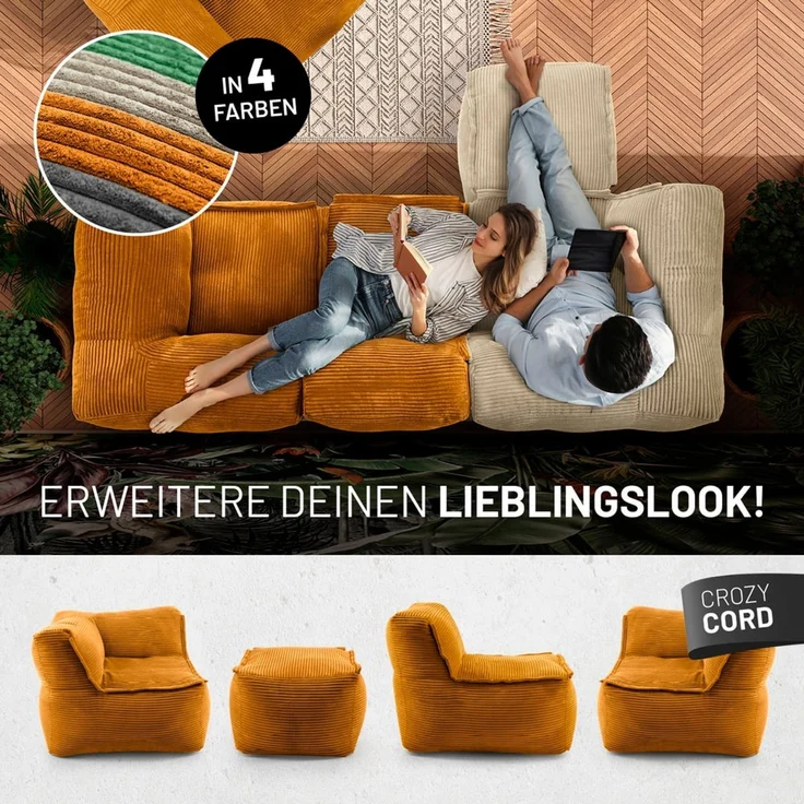 Lumaland Modular Sessel - Cord-Reihe | Indoor Sitzsack mit Softer Struktur, ideal Modulen | Bean Bag für Wohnzimmer & Co. - 96 x 72 x 70 cm – Bild 8