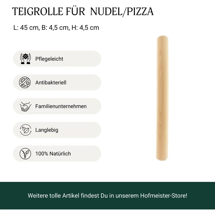 Hofmeister Nudelholz Buchenholz 45x4,5x4,5 cm Rundstab Pizzaroller Buchenholz – Bild 5