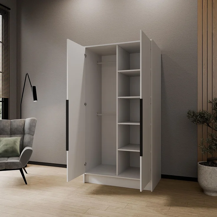 MEBLINI Kleiderschrank PORTINA 100cm - Weiß Matt - mit schwarzen Griffen - Drehtürenschrank ohne Spiegel - Kleiderstangen und Regalböden – Bild 4