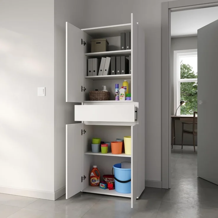 Home Collective Mehrzweckschrank Schrank 60 cm breit mit 4 Türen & Schublade mit 3 Einlegeböden 64x34x180 cm (BxTxH) Weiß – Bild 3
