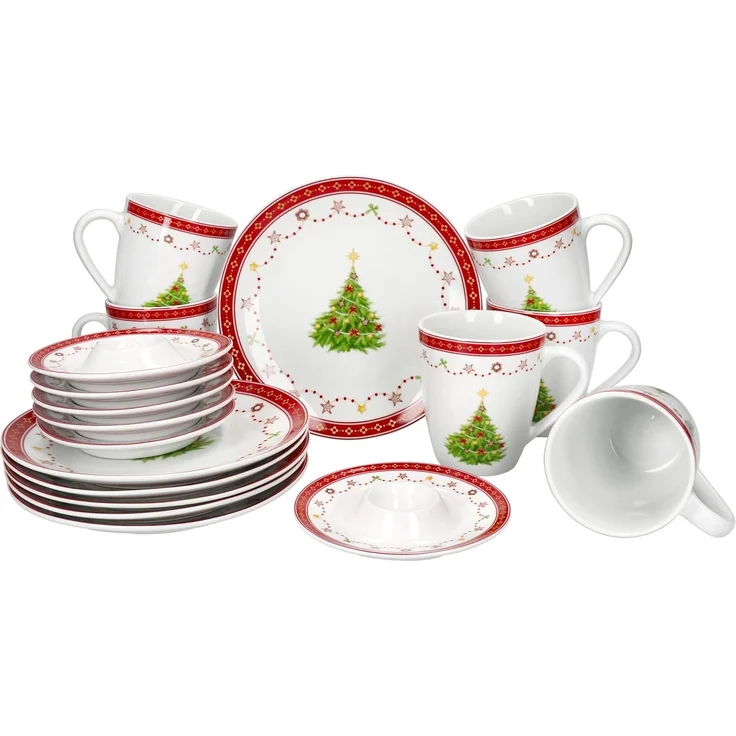 18tlg Frühstücksset Weihnachtstraum Porzellan 6 Pers. Teller Becher Eierbecher – Bild 2