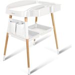 BabyGo Wickeltisch ChangeMe, Wickelkommode aus Buchenholz mit seitlicher Ablage und mobilen Rädern, weiss