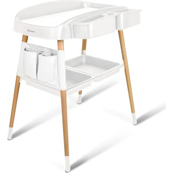 BabyGo Wickeltisch ChangeMe, Wickelkommode aus Buchenholz mit seitlicher Ablage und mobilen Rädern, weiss