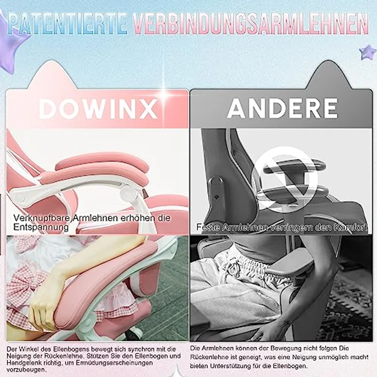Dowinx Gaming Stuhl - Süße Katze Edition - Ergonomischer Computerstuhl mit Hoher Rückenlehne und Lendenwirbelstütze, PU-Leder, Fußstütze,Rosa – Bild 7