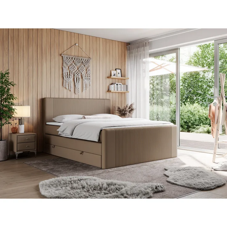 Boxspringbett KING DOREN, mit zwei Bettkästen und einer Multipocket-Matratze - 200x200 - Braun Kunstleder - H4