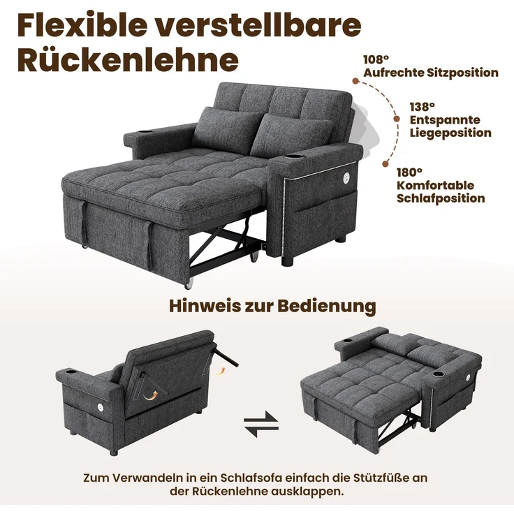 Merax 2-Sitzer Sofa, Schlafsofa mit Schlaffunktion, LED-Beleuchtung, USB/Type-C-Ladeanschluss, verstellbare Rückenlehne, Kissen, Getränkehalter, Seitentasche, Chenille Stoff, Grau – Bild 6