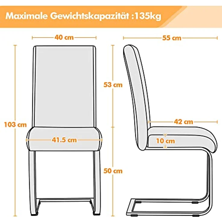 Yaheetech 2er Set Esszimmerstühle Küchenstuhl Schwingstuhl Essgruppe, mit hoher Rückenlehne, bequem gepolstert, Edelstahl und Kunstleder, Weiß – Bild 4