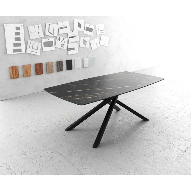 Esstisch Edge Bootsform 200x100cm Laminam® Keramik Noir Desir Braun Mittelfuß Kreuz Schwarz