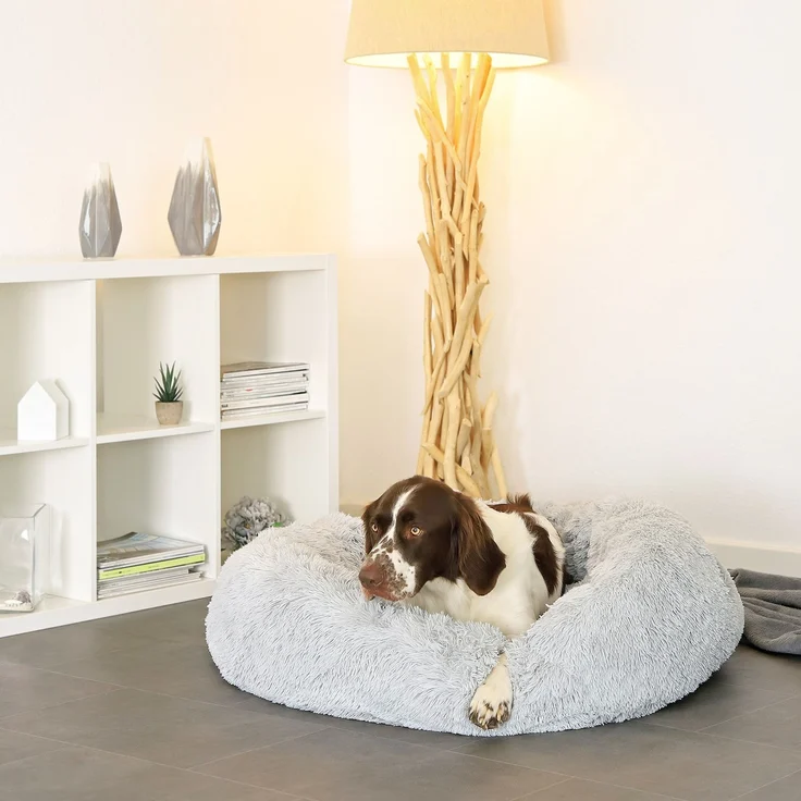 lionto Donut Hundebett, rundes Hundesofa mit Plüschbezug & Anti-Rutsch-Noppen, weich & gemütlich, 100 cm Durchmesser, hellgrau – Bild 2